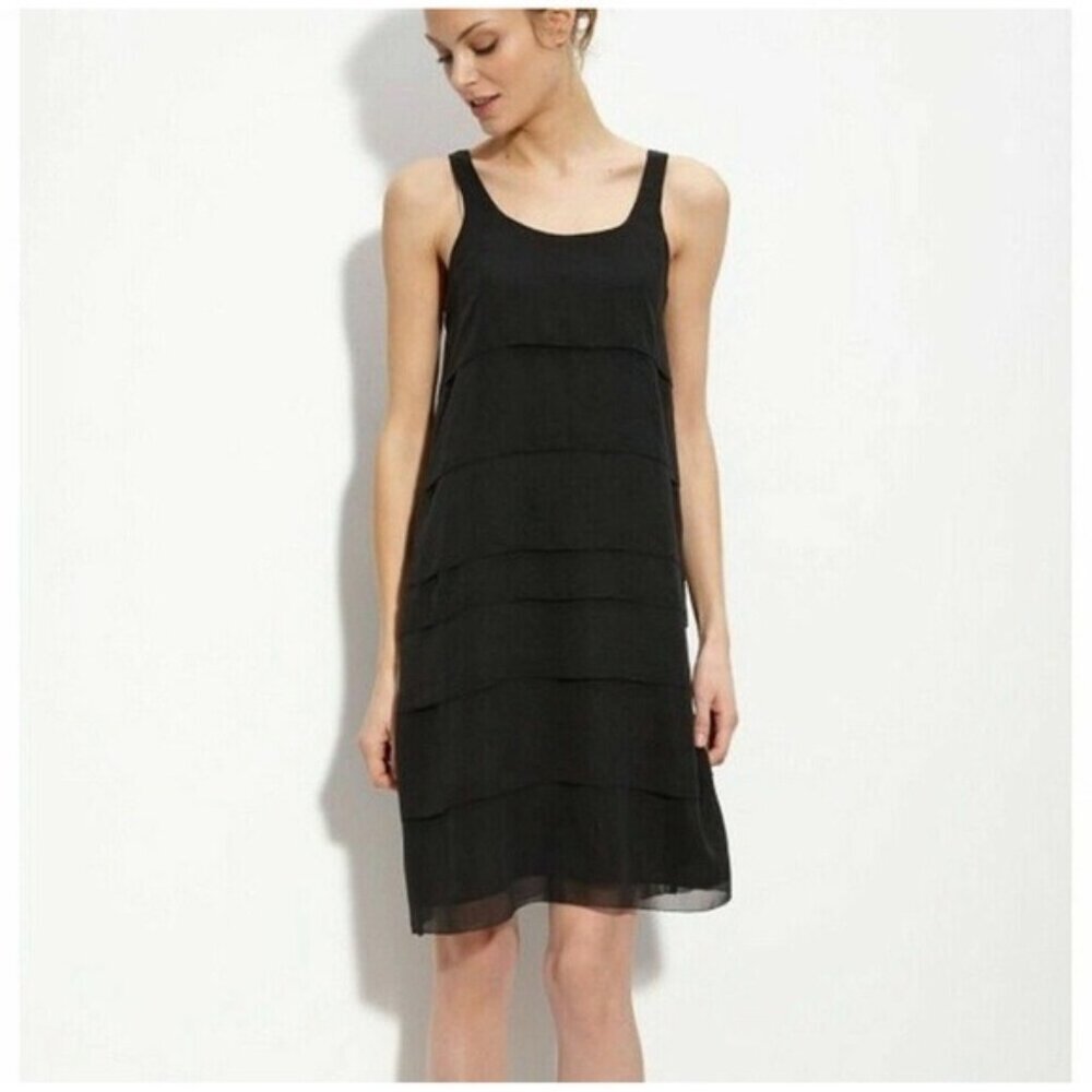 EILEEN FISHER Sheer Silk Georgette‎ LARGE Tiered Layer Sleeveless Dress Black